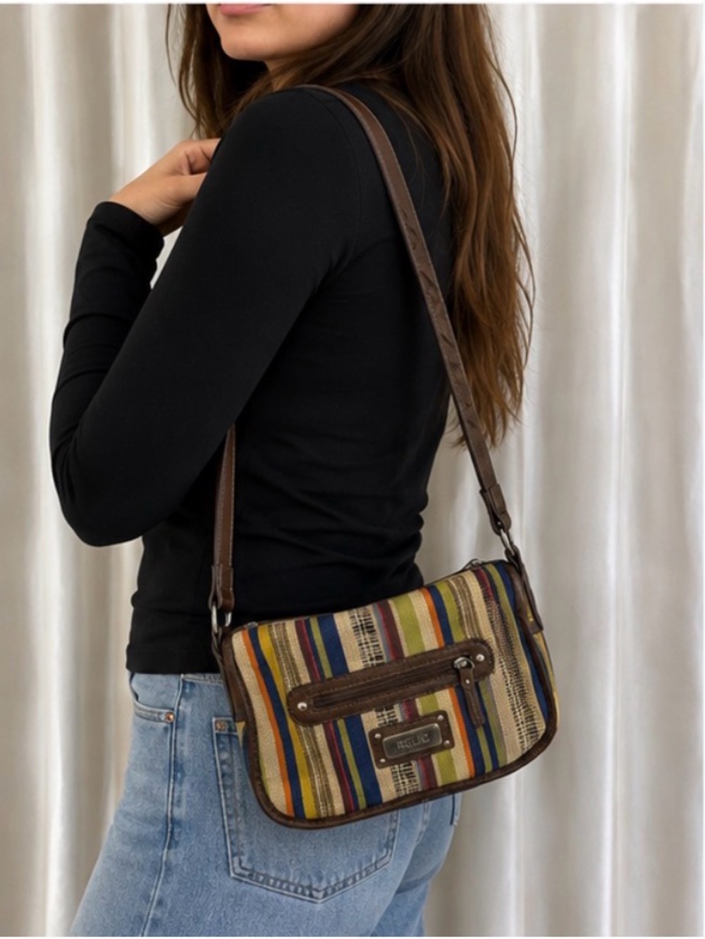 Relic by Fossil Striped Canvas Messenger Bag Y2K Boho Crossbody Purse Multicolor
